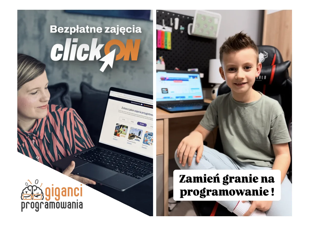 Bezpłatne zajęcia programowania dla dzieci: instruktor z laptopem i uśmiechnięty chłopiec w domu